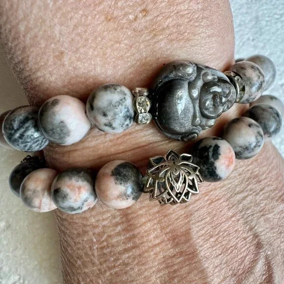 Shades of Grey! Beautiful Jasper Stretch Buddha Bracelet size 7 - Picture 6 of 8